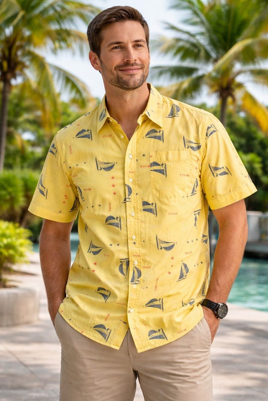 Tommy Hilfiger All Over Print Sailboat Men's Shirt Size XXL Yellow Tropical